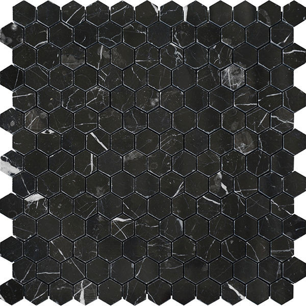 backsplash mosaic tiles Terra Marble Nero Marquina Hexagon Polished 12" x 12" NEMAHEX Centura Hexagon Mosaic Tiles | Floors & Baths Pro's