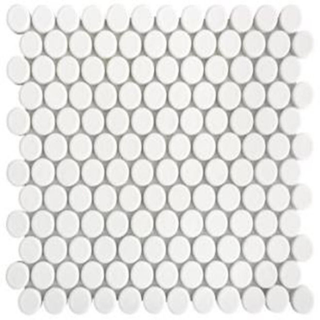 Mosaics White Penny Round Glossy 12" x 12" MS-135 Mono Serra Mono Serra Penny Round Mosaic Tiles | Floors & Baths Pro's