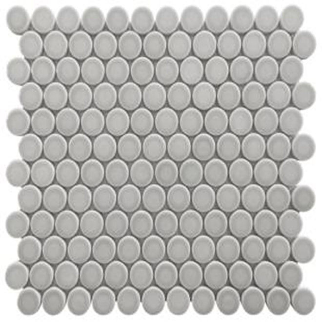 backsplash mosaic tiles Mosaics Light Gris Penny Round Glossy 12" x 12" MS-140 Mono Serra Mono Serra Penny Round Mosaic Tiles | Floors & Baths Pro's