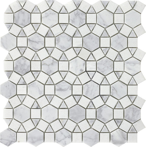 backsplash mosaic tiles Miki Flower Carrara White & Crystal White Polished 11" x 12" WGMMFL006 Centura Hexagon Mosaic Tiles | Floors & Baths Pro's