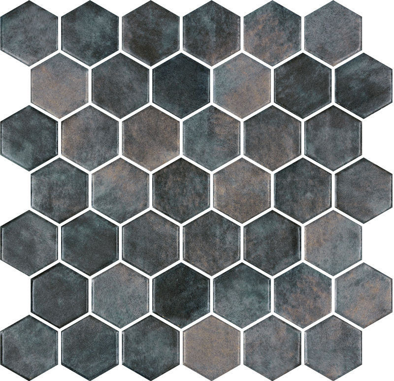 backsplash mosaic tiles Hex XL Ecostone Denim Copper Glossy 12" x 12" DECOHEX Centura Hexagon Mosaic Tiles | Floors & Baths Pro's