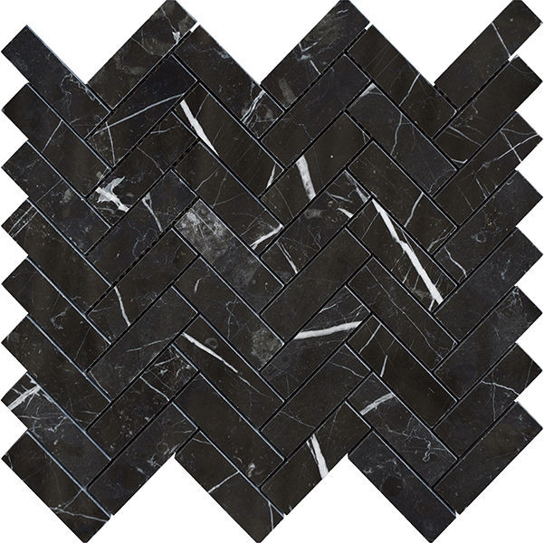 backsplash mosaic tiles Terra Marble Nero Marquina Herringbone Polished 12" x 12" NEMAHE Centura Rectangle Mosaic Tiles | Floors & Baths Pro's