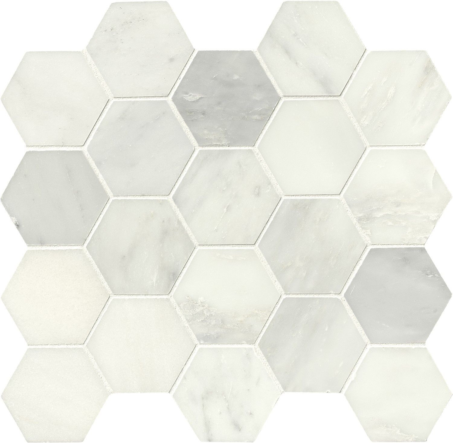 backsplash mosaic tiles Hexagon Greecian White-Cool Polished 12" x 13" SMOT-GRE-3HEXP MSI Surfaces Hexagon Mosaic Tiles | Floors & Baths Pro's