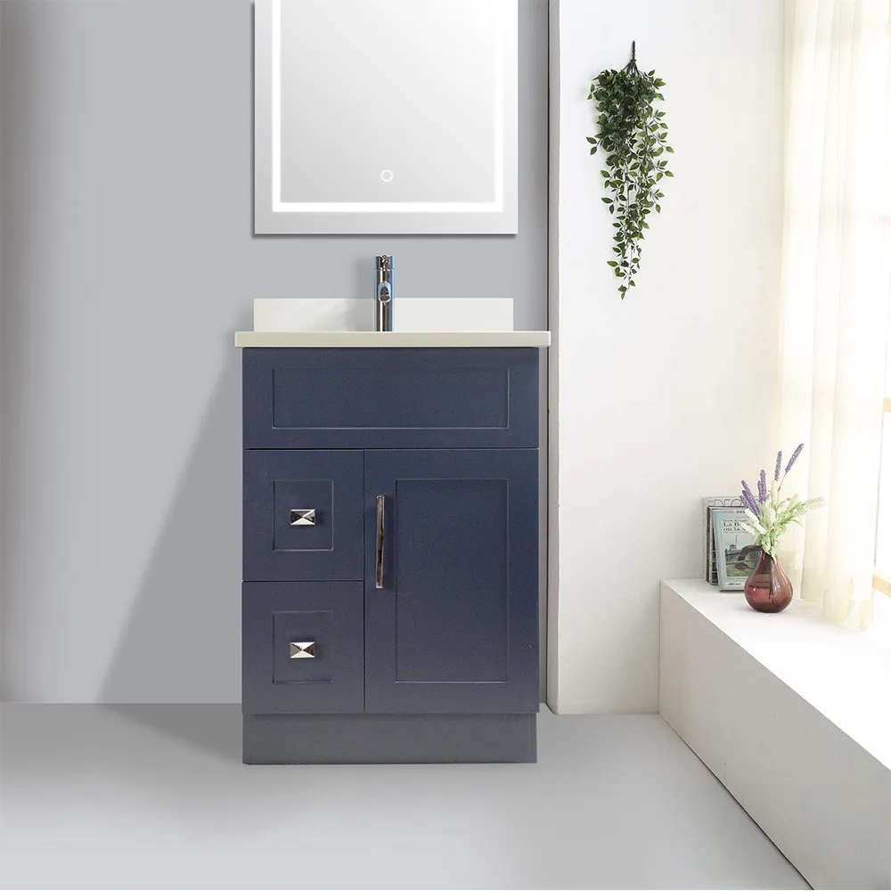 26" Dark Blue Bathroom Vanity with Stone Top and 2 Drawers