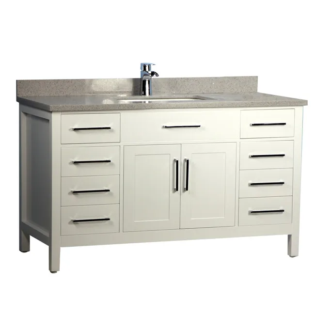 60" Solid Wood Single-Sink White Vanity with Stone Top