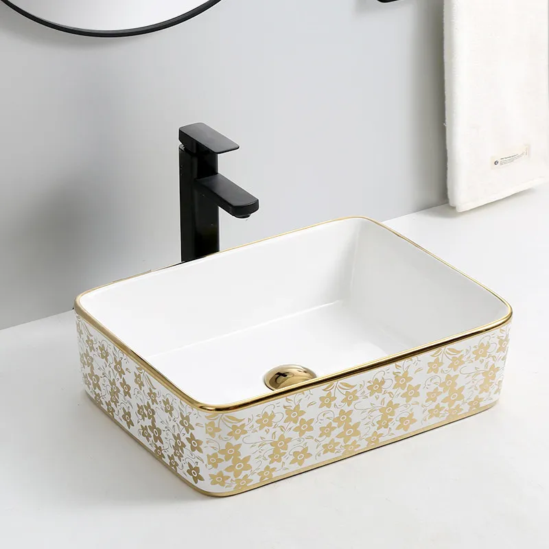 Ceramic Vessel Sink with Gold Edge and Flower Pattern