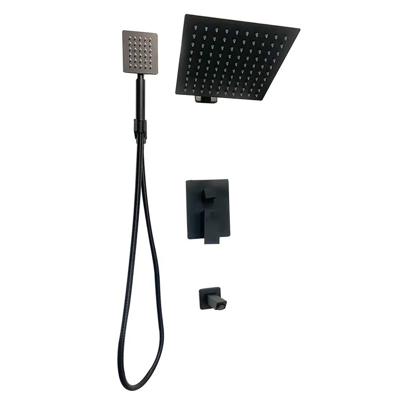 Wall Mounted Square Rain Showerhead with Hand Shower and Tub Spout in Black