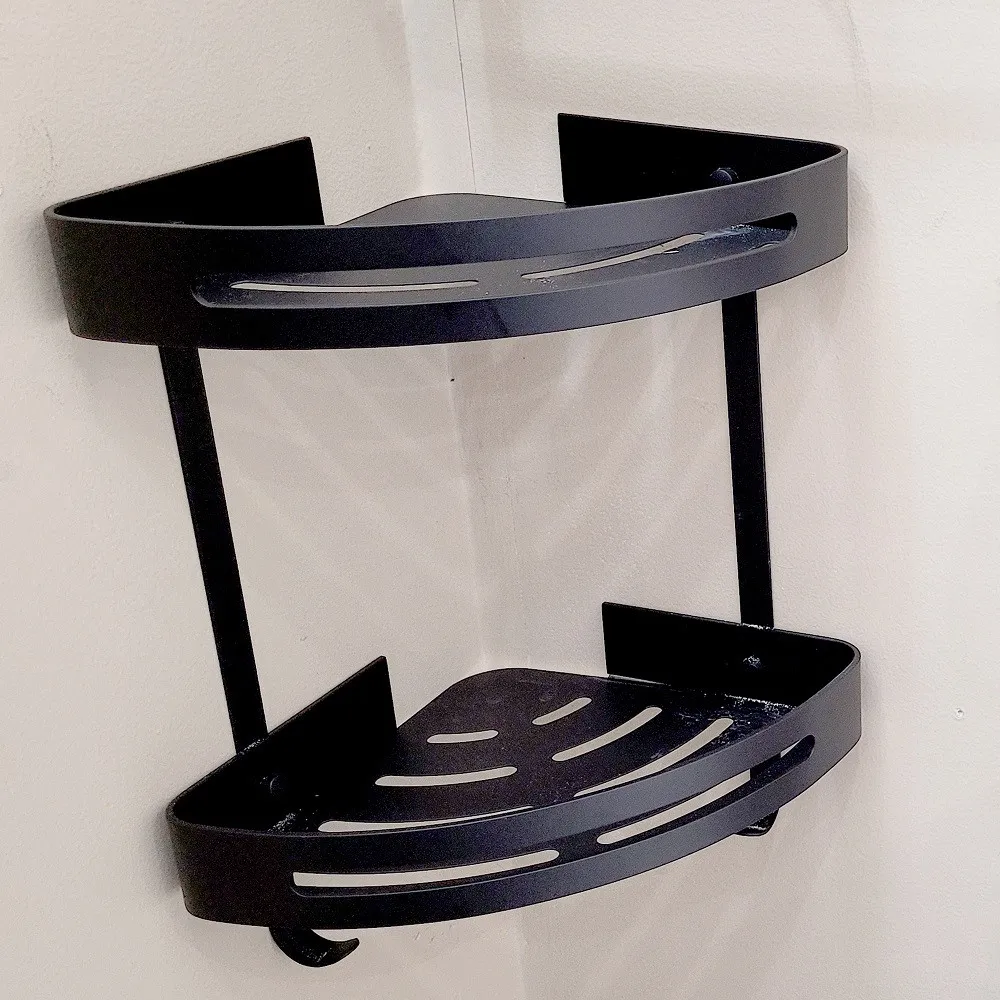 2-Tier Bathroom Corner Shelves with Hooks (Black)