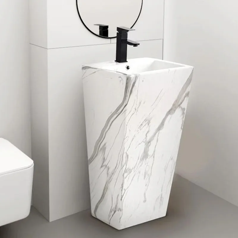 33.5"H Ceramic Rectangular Marble Pattern Pedestal Sink with Overflow