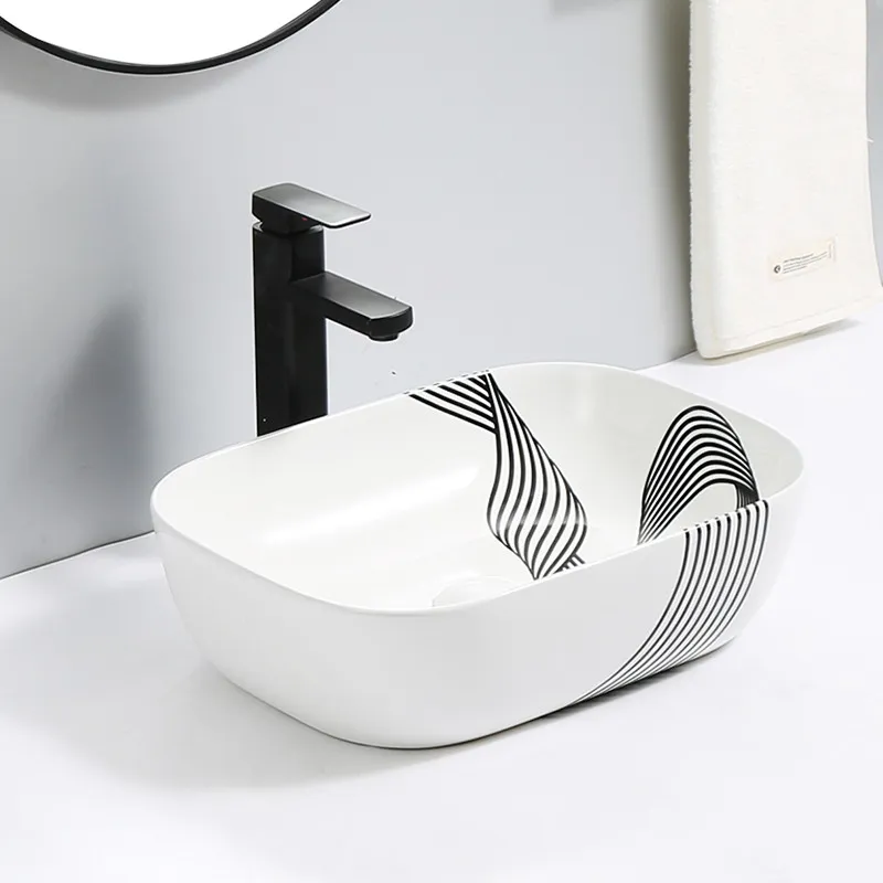 18" White Vessel Sink Ceramic with Black Twisted Ribbon Pattern