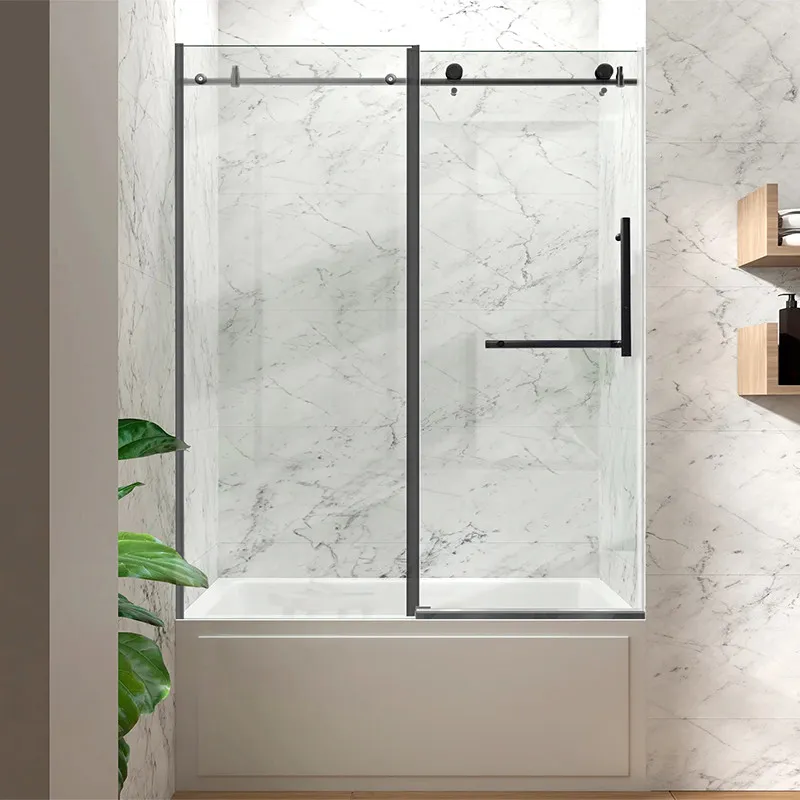 60" x 59" Frameless Sliding Tub Shower Glass in Black/Chrome