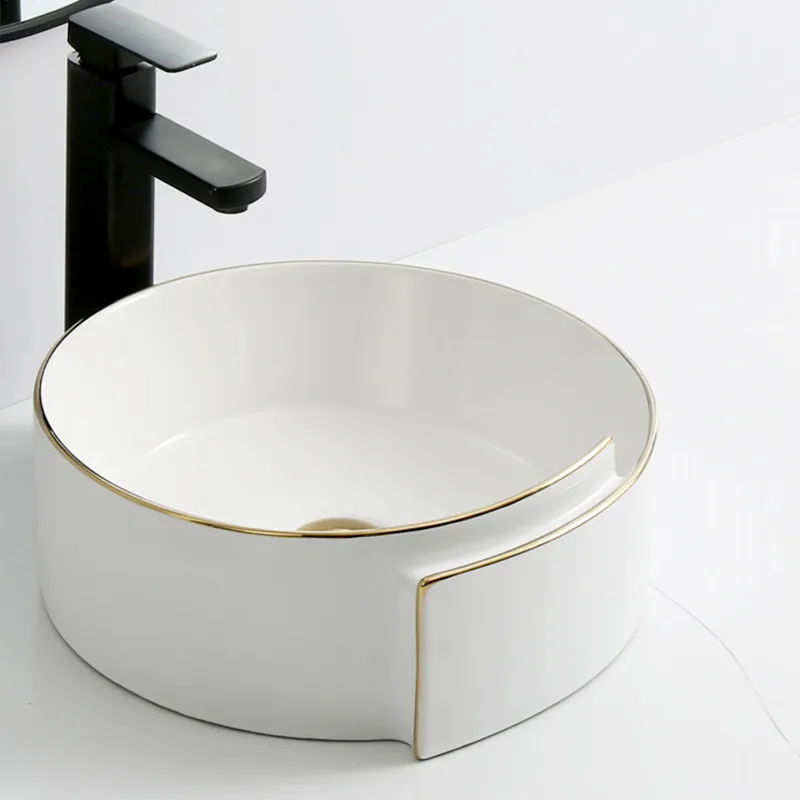 Ceramic Vessel White Fold Sink with Gold Edge